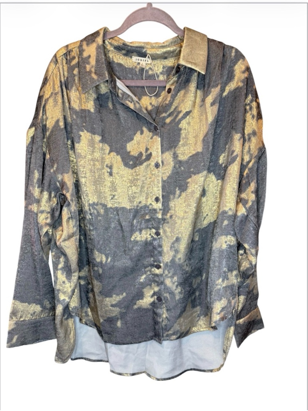 JODIFL Metallic Gold and Black Abstract Button-Up Blouse